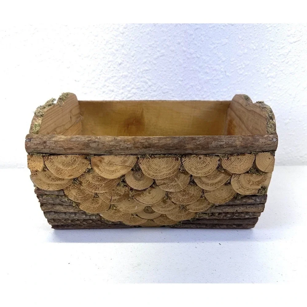 Handcrafted Rustic Wood Planter Box Log Slice Bark Woodland Cabin Farmhouse